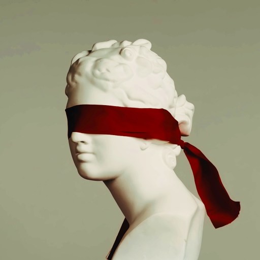 A statue of a woman with a red blindfold on her head, symbolizing the human experience in the realm of science.