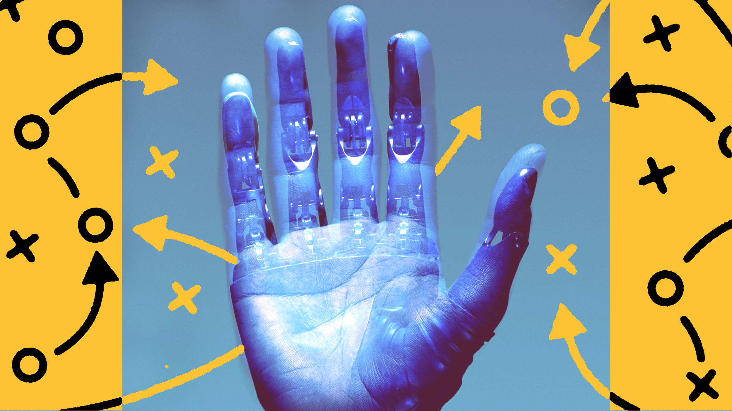 A blue hand with arrows on it.