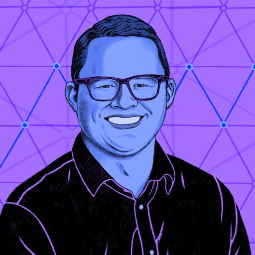 Illustration of a smiling man wearing glasses against a geometric background, unraveling the secret of good AI.