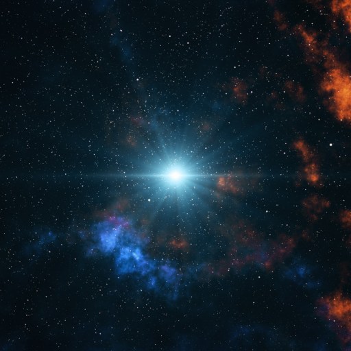 A bright star illuminates the surrounding space with a spectrum of colors in a nebula.