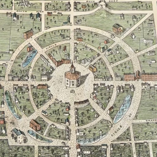 Historical map illustration depicting a planned city layout with a circular central area and radiating streets.