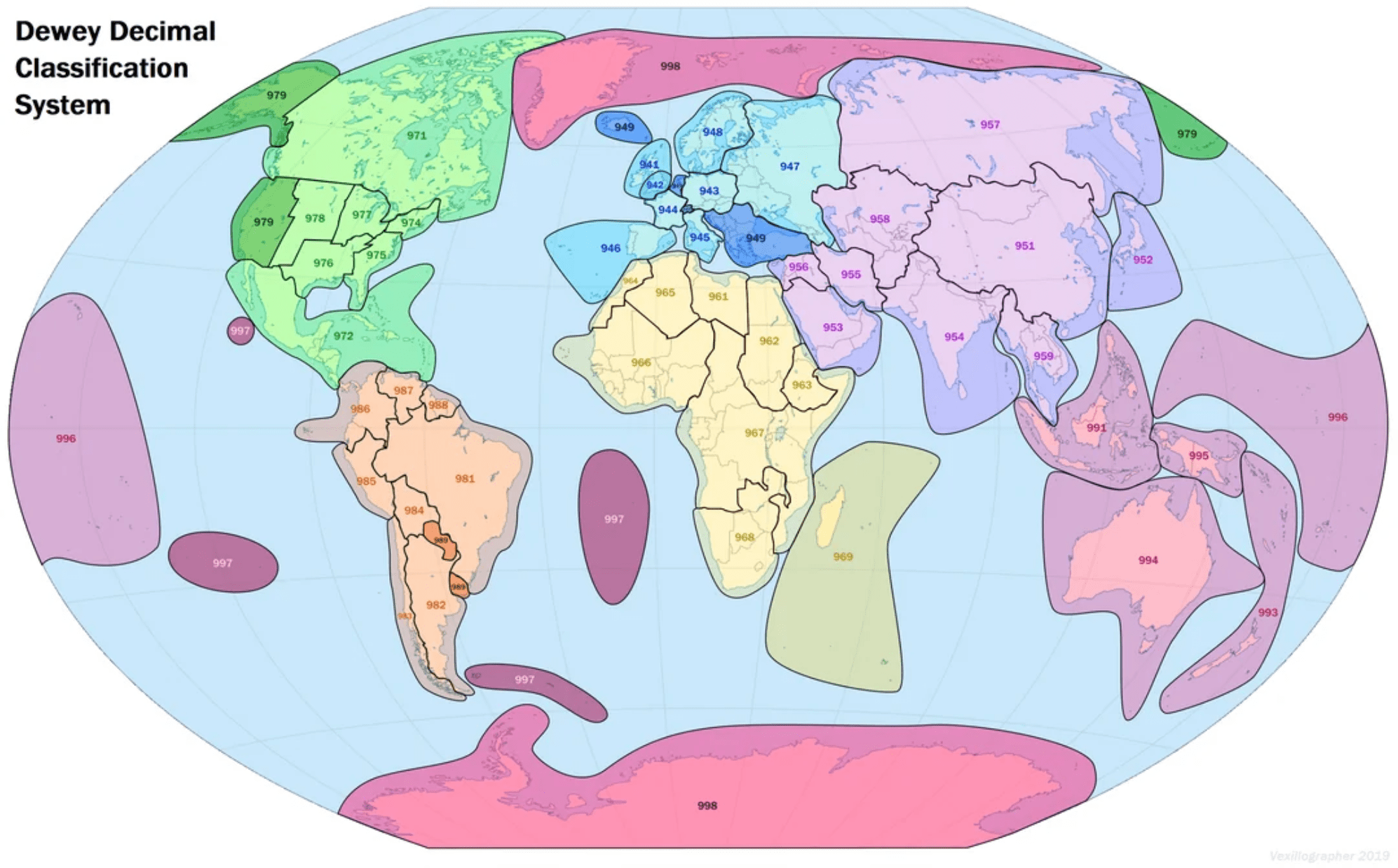 World map divided into colored sections representing the dewey decimal classification system.