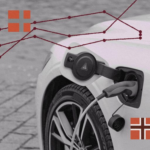 An electric vehicle charging, overlayed with graphical elements suggesting an analysis of global electric vehicle market trends.