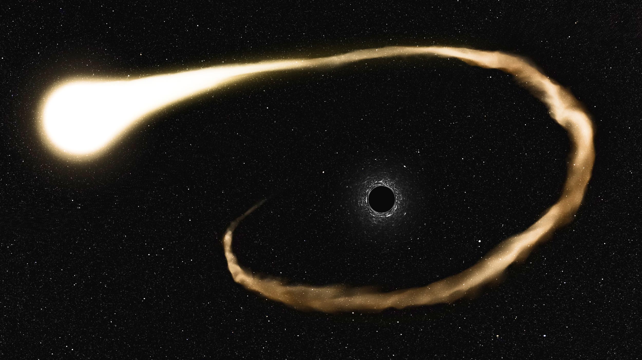 A star is being stretched and pulled apart by the gravity of a black hole in the middle of a field of stars.