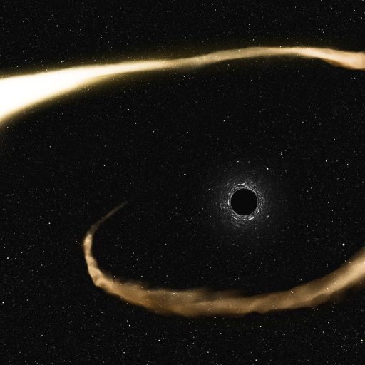 A star is being stretched and pulled apart by the gravity of a black hole in the middle of a field of stars.