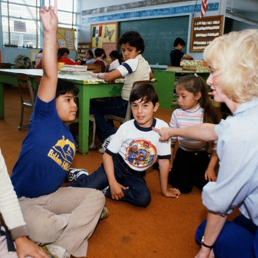 A teacher in a classroom with children sitting on the floor, learning a second language.