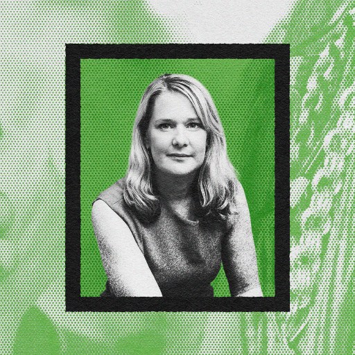 Black-and-white portrait of a woman with an empathetic gaze and a black frame, set against a green patterned background.