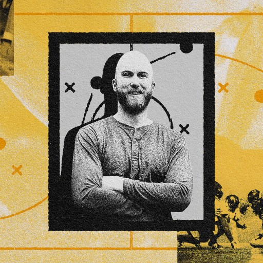 A collage featuring a man in the center with crossed arms, AI startup leadership play diagrams, and action shots of a football game on a textured background.