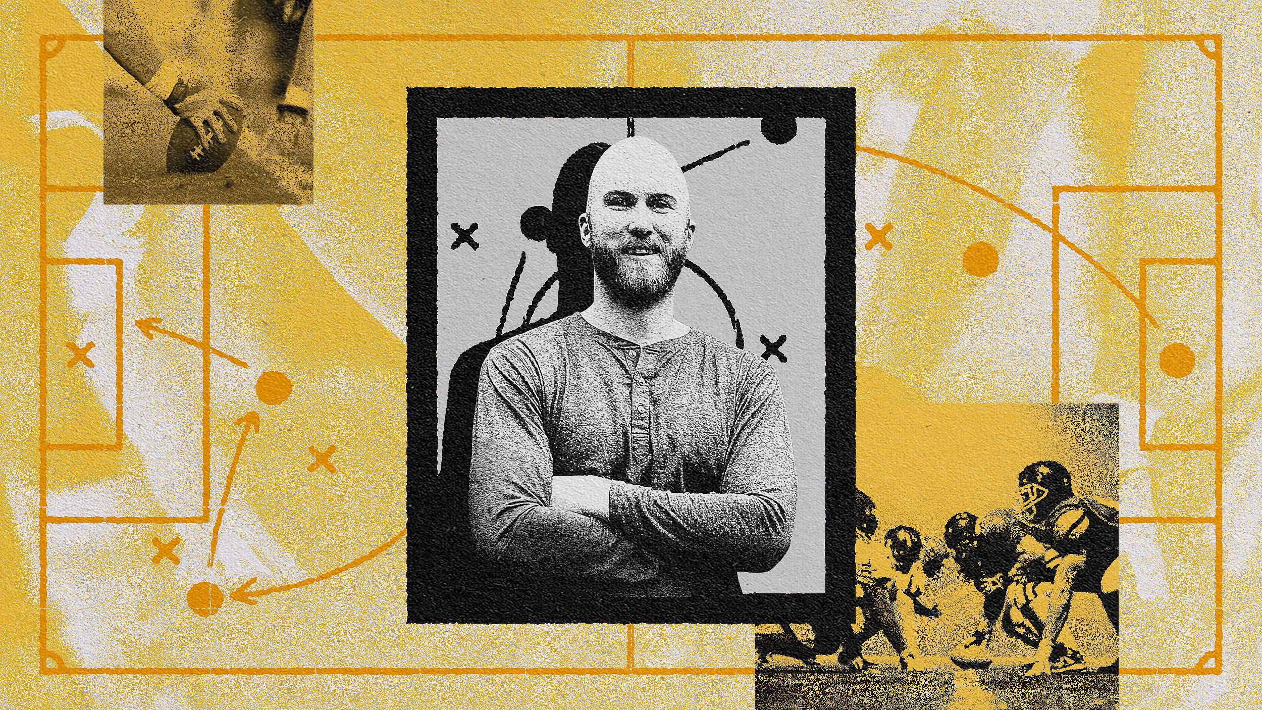 A collage featuring a man in the center with crossed arms, AI startup leadership play diagrams, and action shots of a football game on a textured background.