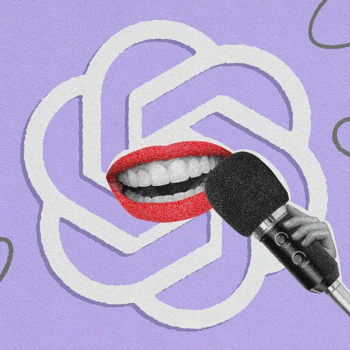 A woman, channeling her best ai humor, is holding a microphone in front of a purple background.