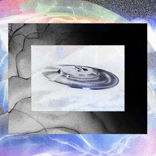 An abstract digital collage inspired by alien abduction stories, with a monochrome vinyl record at the center surrounded by colorful, glitch-like textures and shapes.