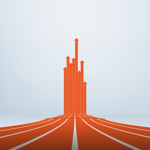 Abstract illustration of orange arrows soaring upwards from converging lines, symbolizing growth, progress, or success.