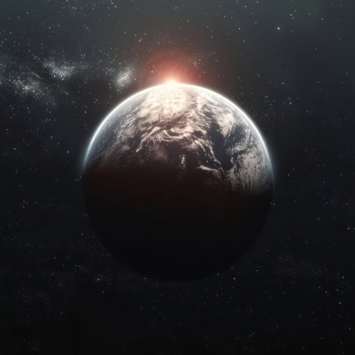 A digital rendering of a planet partially illuminated by a nearby star, with a galaxy visible in the dark space background.