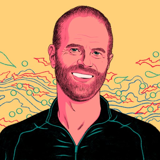 Illustration of a smiling bald man with a leadership hack, wearing a dark zip-up jacket against a yellow background with abstract green and blue waves.