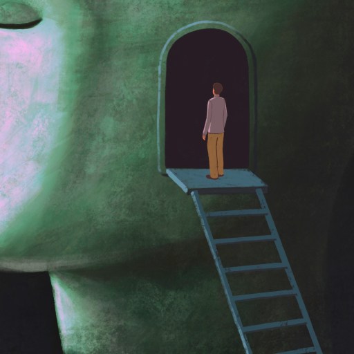 A person stands at the entrance of a door located on the side of a large human head, with a ladder leading up to the doorway.