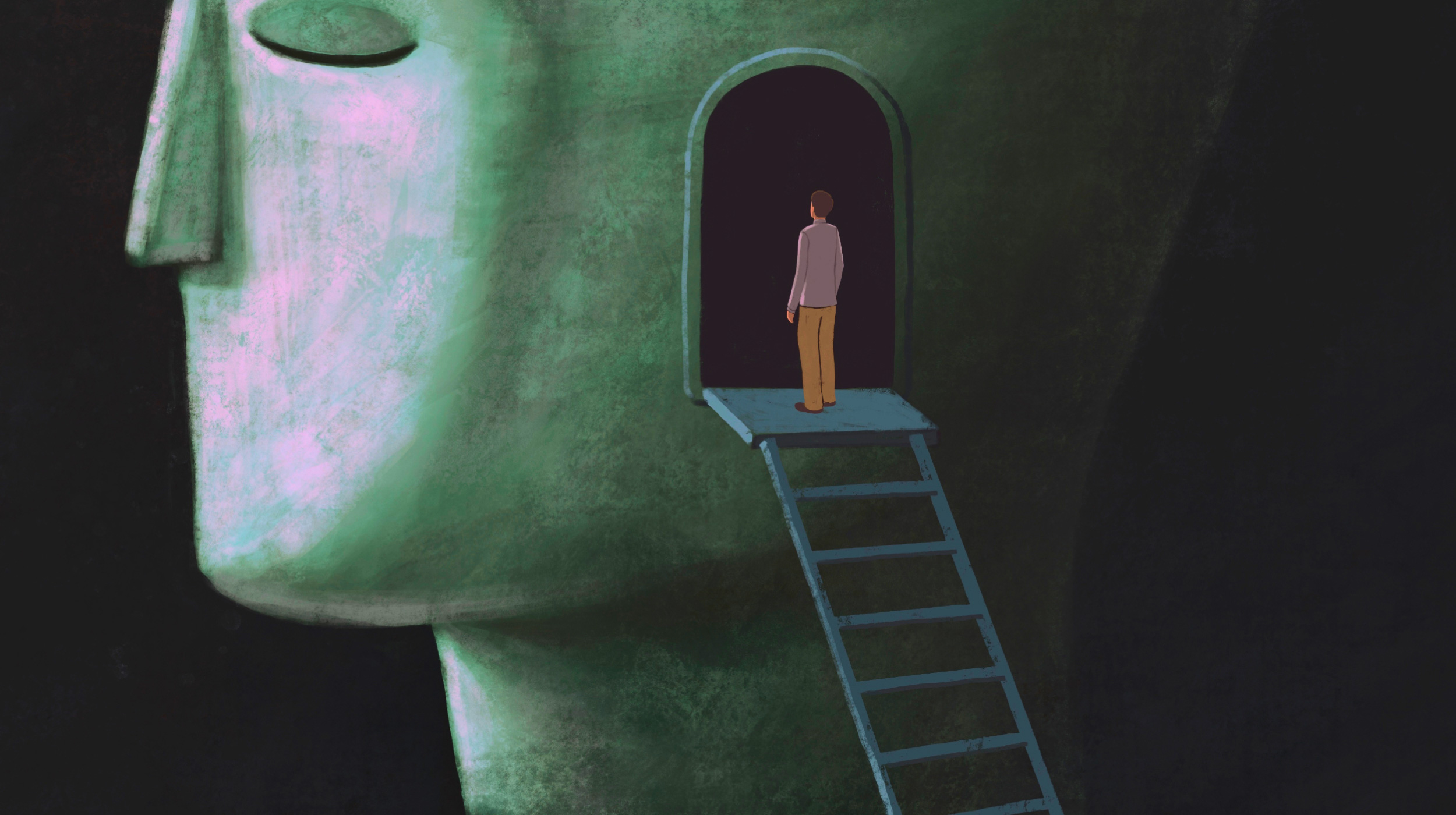 A person stands at the entrance of a door located on the side of a large human head, with a ladder leading up to the doorway.
