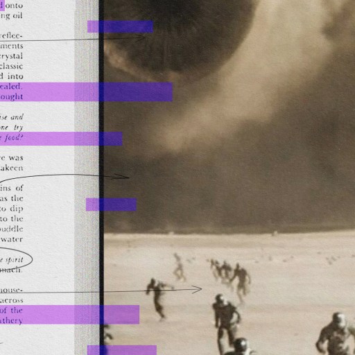 A vintage photograph depicting a chaotic beach landing with soldiers in motion, blurred figures, and smoke clouds across the dune, evoking a sense of urgency and battle.