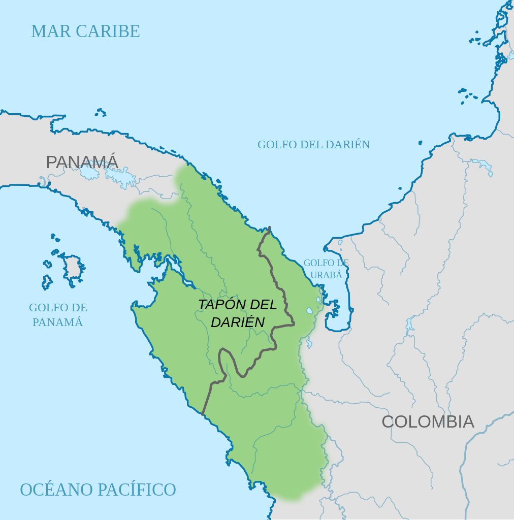 Map showing the Dari&eacute;n Gap in green, bordered by Panama to the west and Colombia to the east, with the Caribbean Sea and Pacific Ocean nearby.