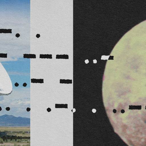 A collage depicting a radio telescope on the left and an abstract celestial body on the right, separated by a vertical band of black and white dashes.