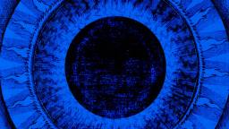 A textured, circular black center is surrounded by radiating blue patterns and lines, resembling an abstract eye or a solar eclipse.