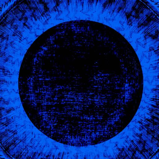 A textured, circular black center is surrounded by radiating blue patterns and lines, resembling an abstract eye or a solar eclipse.