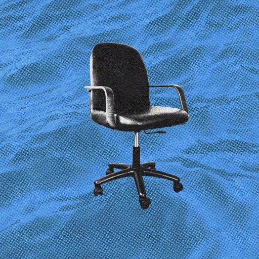 An office chair, symbolizing leadership through volatility, placed on a textured blue background.