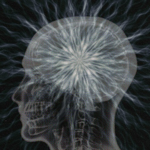 X-ray style image of a human head with brain highlighted by luminous, branching electric currents made of particles against a dark background.