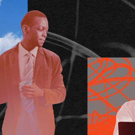 Two men in business attire, demonstrating team appreciation, one holding a coffee cup and the other using a laptop, set against an abstract geometric background.