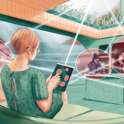 Illustration of a person using a tablet in a modern office space interconnected with colleagues via virtual communication technology.