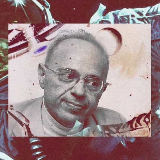 Vintage portrait of a man, embodying the philosophy of AI, superimposed on an abstract cosmic background.