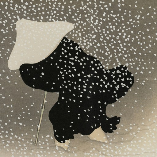 A stylized silhouette of a person under an umbrella amidst falling snow, depicted in black against a speckled beige background, embodying elements of Japanese philosophy.