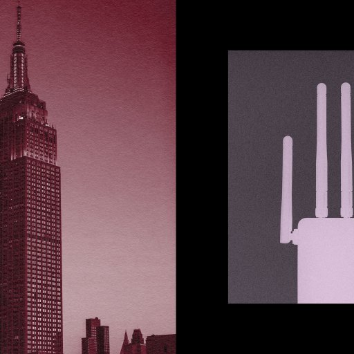 Split image with the empire state building on the left and a stylized graphic of a wi-fi router on the right, both against a purple background.