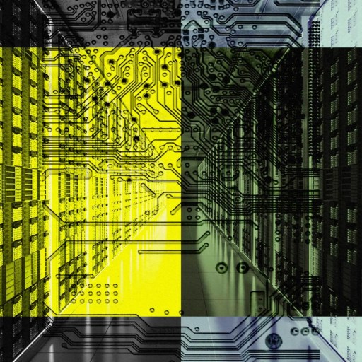 A digital artwork combining elements of a cityscape, printed circuit boards, and binary code, rendered in yellow and black tones.