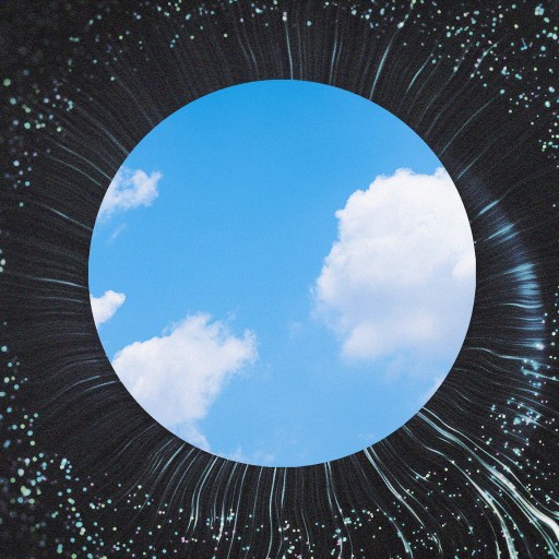 A digital graphic featuring a vibrant blue circle showcasing a clear sky with clouds, surrounded by radiating white lines and particles on a dark background.