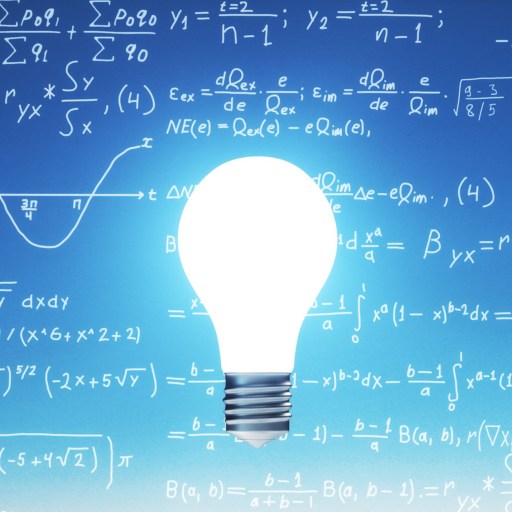 A glowing light bulb is in the center of the image, surrounded by various mathematical formulas and equations on a blue background.