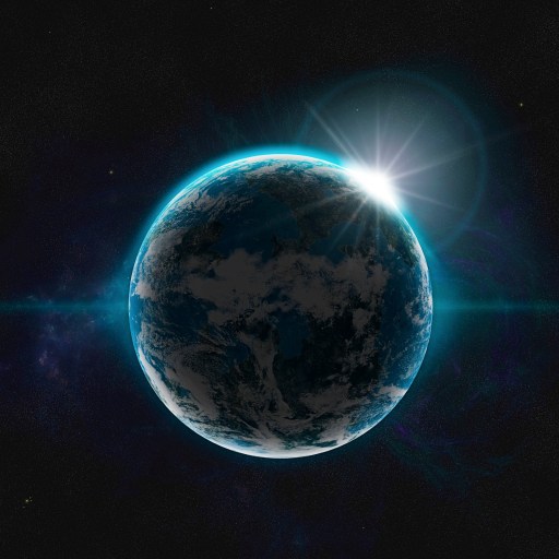 A view of Earth from space with a bright sunburst at the planet's edge. Stars and a dark expanse of space serve as the background.