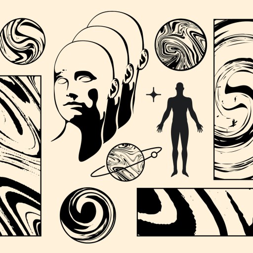 Abstract artwork featuring multiple human faces, swirling patterns, geometric shapes, and a human silhouette against a beige background, subtly hinting at the enigmatic presence of superintelligent AI.