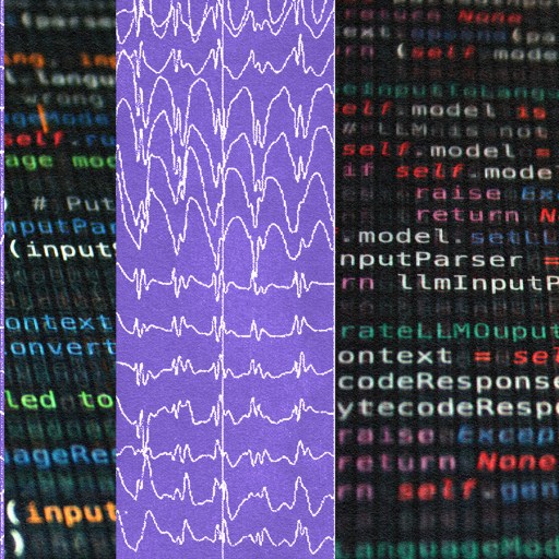 An image shows three panels of brainwave patterns on the left, with colorful lines of computer code on the right.