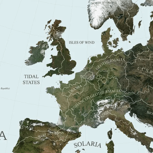 A fictional map of a continent named eneropa, showing various regions like tidal states, ccsr, and solaria with topographical details and a scale.