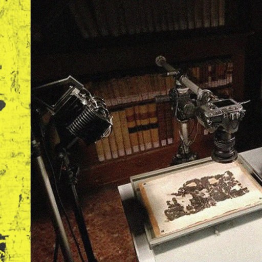 High-tech robotic arms equipped with cameras digitizing an ancient manuscript in a library.