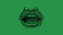 Black line drawing of an open mouth and part of a nose on a green background.