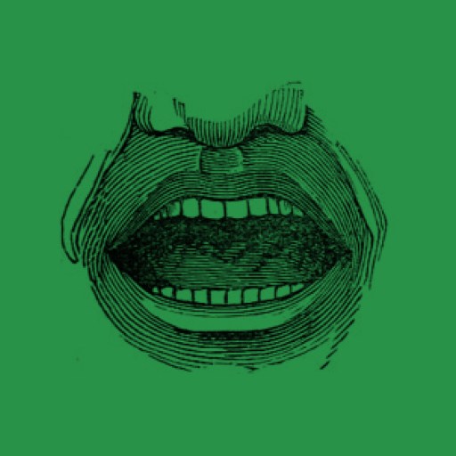 Black line drawing of an open mouth and part of a nose on a green background.