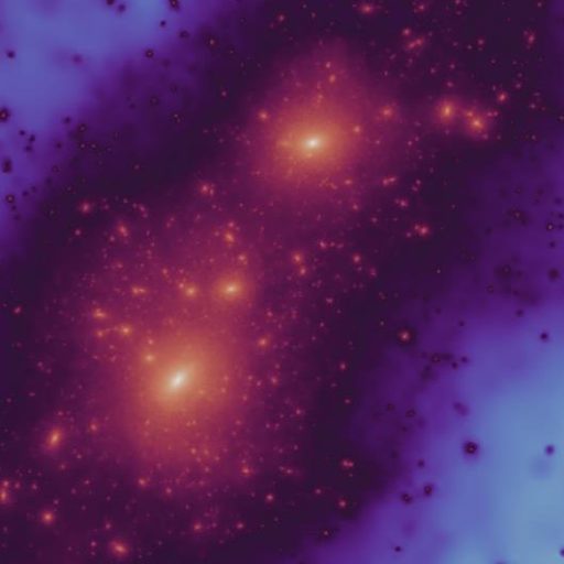 Astronomical image showing a galaxy cluster with multiple bright glowing sources and smaller points against a deep blue and purple space background.