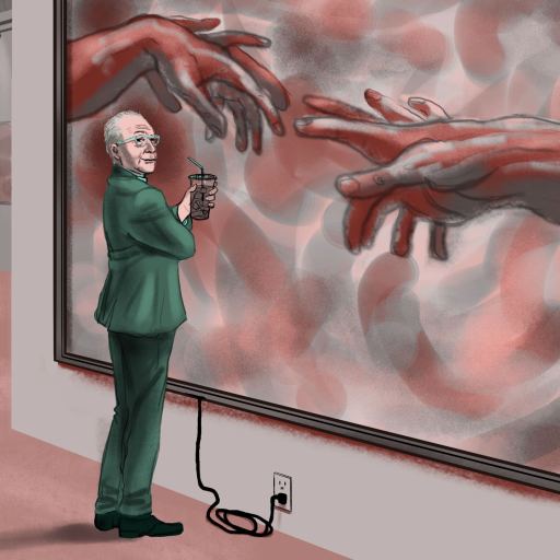 A man in a green suit standing in an art gallery, using a spray bottle to clean a large painting of three hands reaching towards each other.