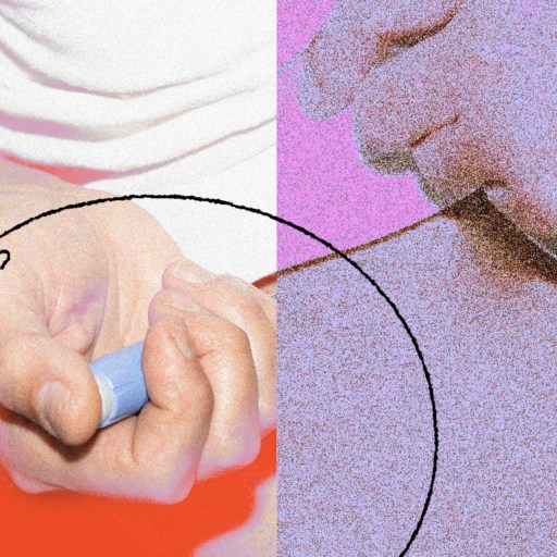 Close-up of a hand holding a blue object, with a digitally altered, grainy effect and a circular line overlay on the image. The background features a mix of white, red, and pink hues.