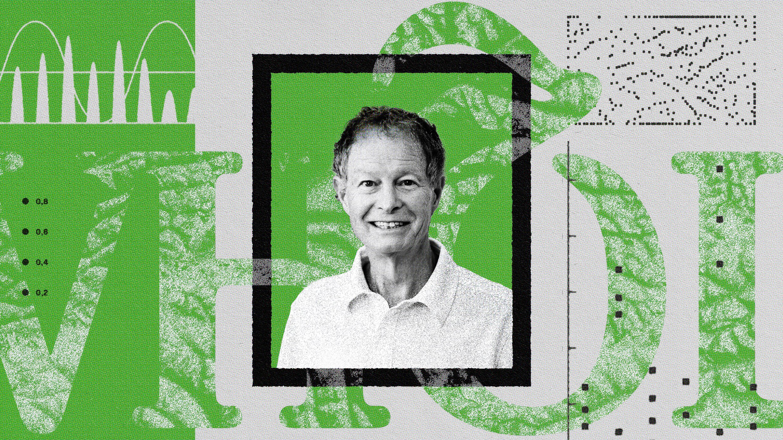 A grayscale photo of a middle-aged man in a white shirt, framed at the center of a green and gray abstract background with various patterns and graphs, embodies the essence of a leadership masterclass.