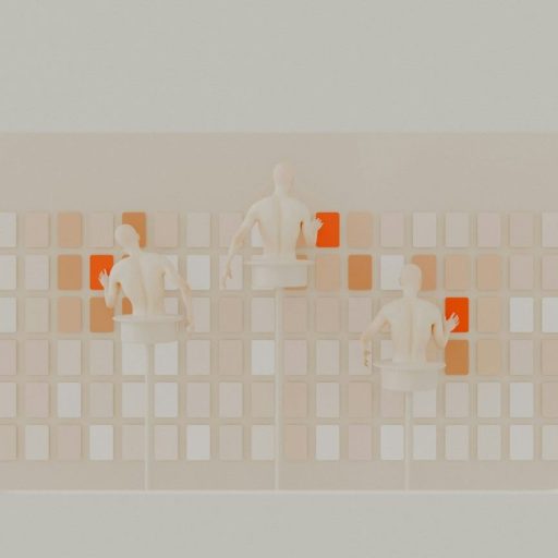 Three minimalistic white figurines sit on small platforms in front of a grid of squares, some orange, on a light grey background.