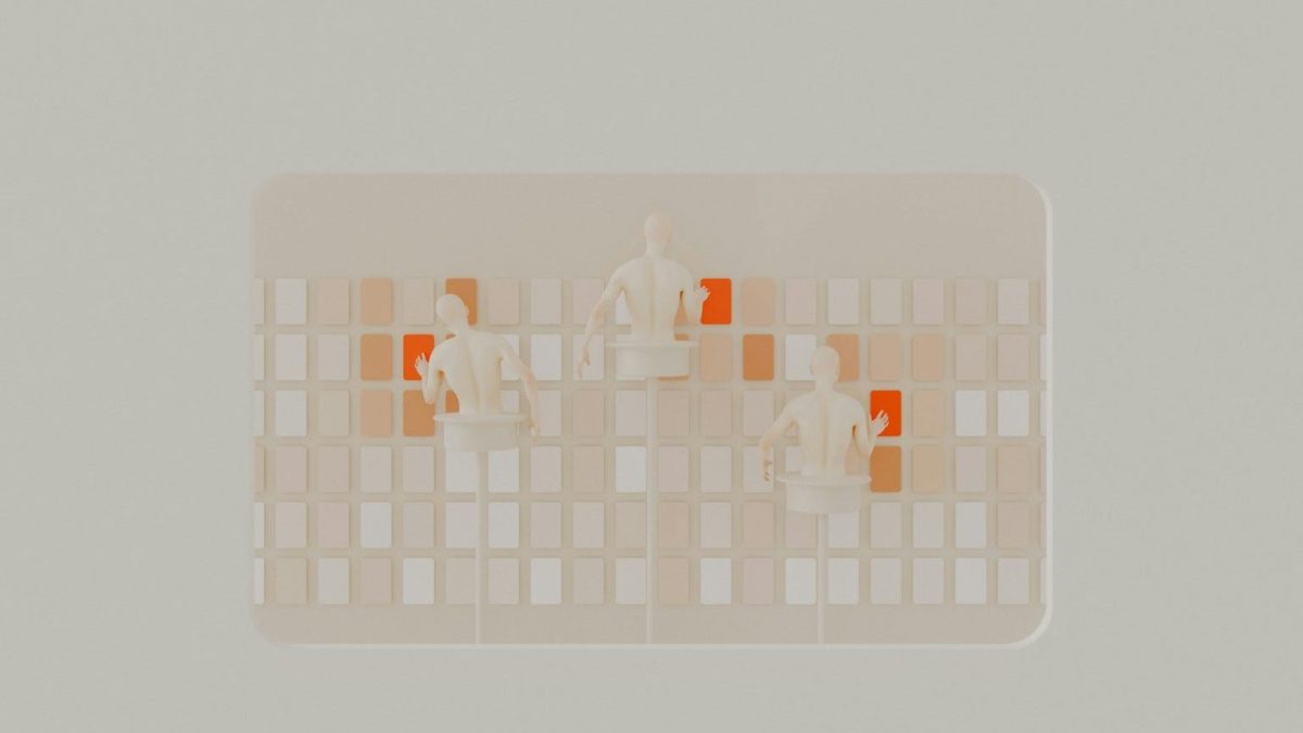 Three minimalistic white figurines sit on small platforms in front of a grid of squares, some orange, on a light grey background.