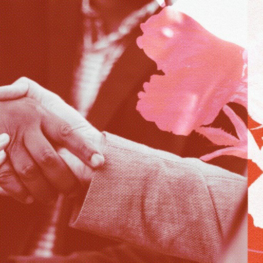 Two people shaking hands, with one wearing a suit. The image is overlaid with red and white floral patterns, symbolizing radical respect.