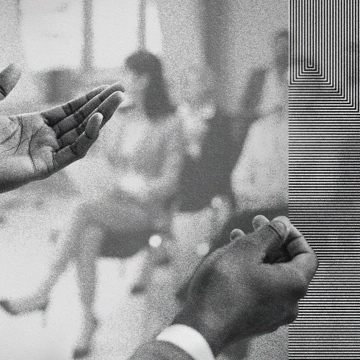 A person is speaking with hand gestures in the foreground, clearly immersed in public speaking. In the background, a blurred figure is seated. On the right side, there is an abstract, striped pattern with black, white, and gold lines.